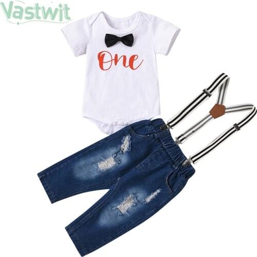 1 Year Infant Baby Boy Girl Romper Y-shape Overalls Suspender Ripped Denim Pants 1st First Birthday Outfits Toddler Clothing