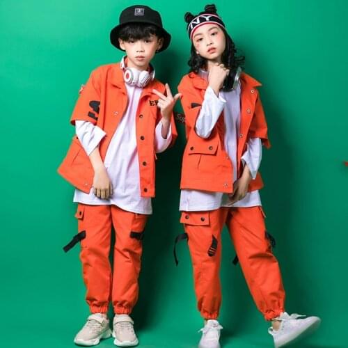 Children Hip Hop Outfits Loose Orange Jacket T Shirt Pants Boys Girls Jazz Dance Costume Kids Adult Street Stage Clothes Wear