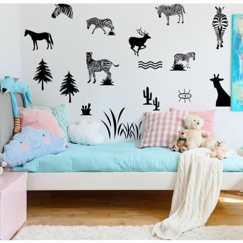 Creative Black White Art Wall Stickers DIY Zebra Pine Tree Cactus Animal Wall Decals Kids Room Living Room Decoration Mural