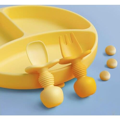 Fashion Solid Silicon Plate Set For Baby Kids Training Feeding Dinnerware Baby Learning Plate Set With Fork Spoon BPA Free