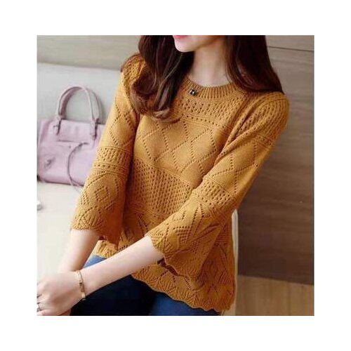 2021 New Spring Autumn Women Sweater Pullover Fashion Openwork Solid Cropped Sleeve Loose Sweater Knitwear Jumper Female Tops