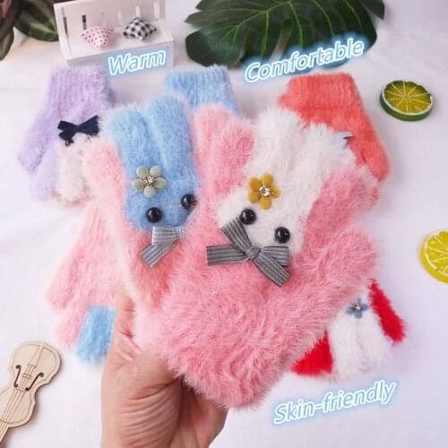 2-5 Years Old Girls Winter Full Finger Gloves Kids Cute Animal Cartoon Mittens Warm Soft Knitted Stretch Children Playing Sports