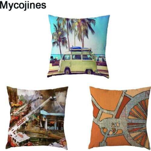 Shabby chic Fire Truck Cushion Cover Polyester Peach Skin Car Bus Bicycle Pattern Pillowcase Family Room Sofa Chair Decoration