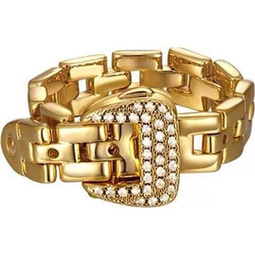 Adjustable Belt Buckle Zircon Rings Detachable Metal Soft Chain Ring Luxury Statement Finger Rings for Women Men