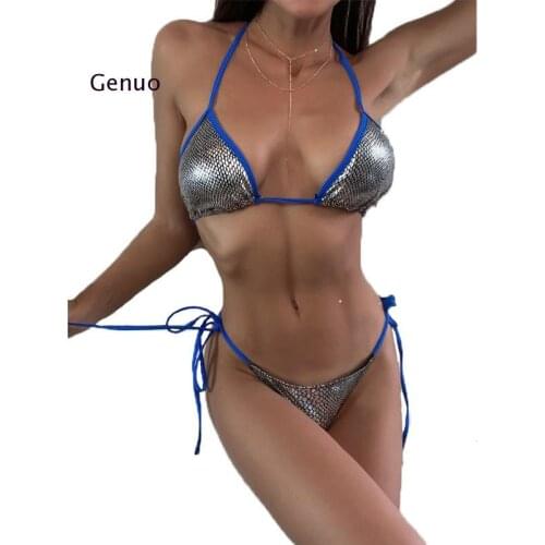 Sexy Bikini 2021 Mujer Women Shiny Gold Push Up Padded Bandage Thong Swimsuit Bathers Bathing Suit Tange Swimwear Biquini