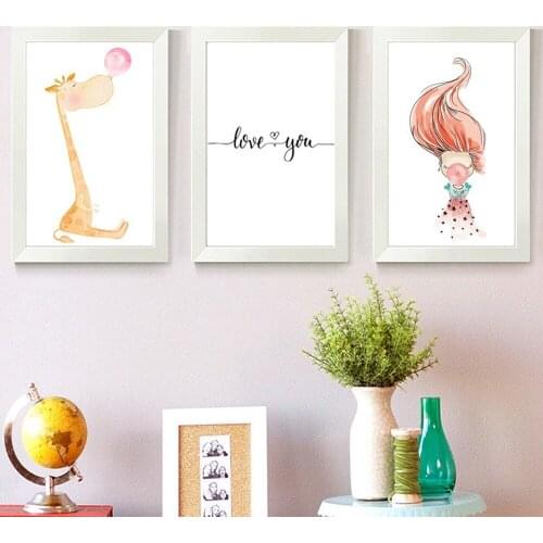 Nordic Ins Cute Cartoon LOVE YOU Canvas Painting Cute Girl Balloon Giraffe Poster Living Room Bedroom Wall Art Decor Aesthetic