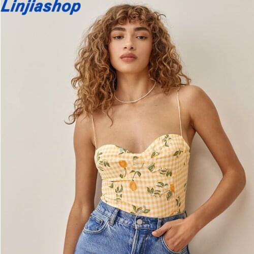 Summer Top Spaghetti Strap Fashion Back Elastic Zipper Women Camis Vintage Yellow Tartan Floral Print Tank Top