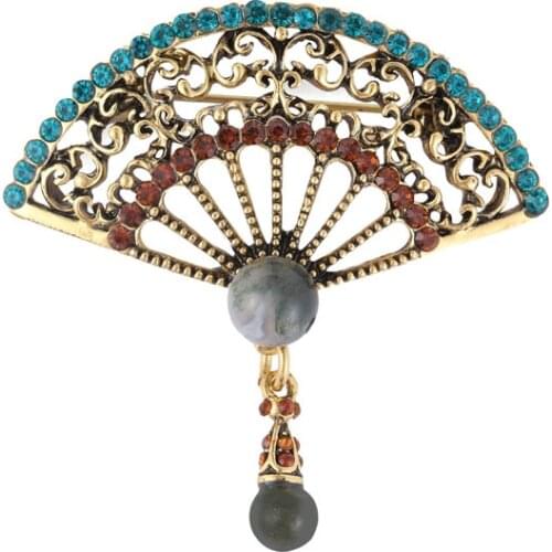Morkopela Vintage Stone Fan Brooch Pins Rhinestone Charm Brooches For Women Metal Accessories Scarf Clip