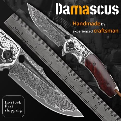 Japanese VG10 Core Damascus Folding Pocket Knife Dog Pattern Rosewood handle with Leather Sheath EDC Knives for Self Defense