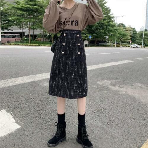 2021 New Tweed Skirt Women High Waist Double Breasted Bodycon Skirt Sexy Elegant Office Ladies Midi Skirts Jupe Femme Y704