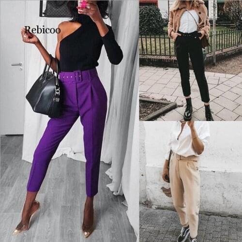 Winter elegant office black pants women sashes pockets zipper fly high waist pants streetwear cargo pants casual pencil trousers