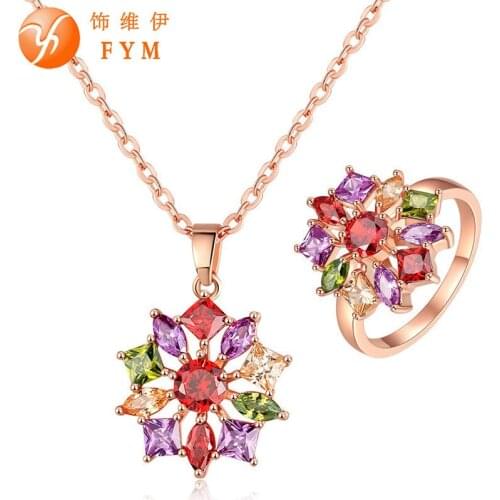 FYM Brand Rose Gold Color Bridal Jewelry Sets & More for Women High Quality Colorful zircon Pendant Necklace Ring Gift Women