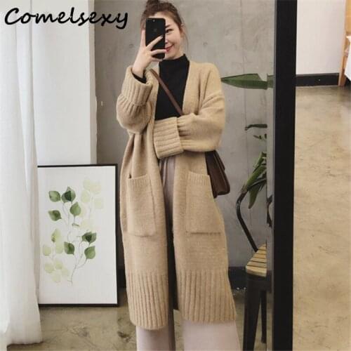 2020 Autumn Winter Korean Thicken Knitted Long Cardigans Sweaters Women Long Sleeve Pockets Loose Fashion Casual Cardigans Tops
