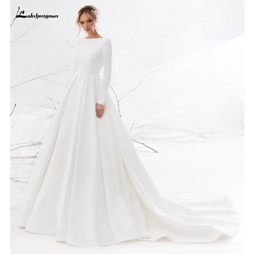 Robe de mariée satin Long Sleeve Backless O Neck Lace Beads Satin Simple Wedding Dresses Elegant 2021 Newest robe soirée mariage