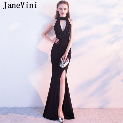 JaneVini Vestidos Black Beaded Mother of Bride Dresses 2018 Mermaid Sexy Deep V Neck High Split Satin Plus Size Evening Gowns