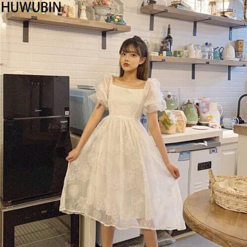 2021 Summer New White Square Collar Lace Mesh Embroidery Medium Length Fashion Elegant Temperament Waist Slim Dress