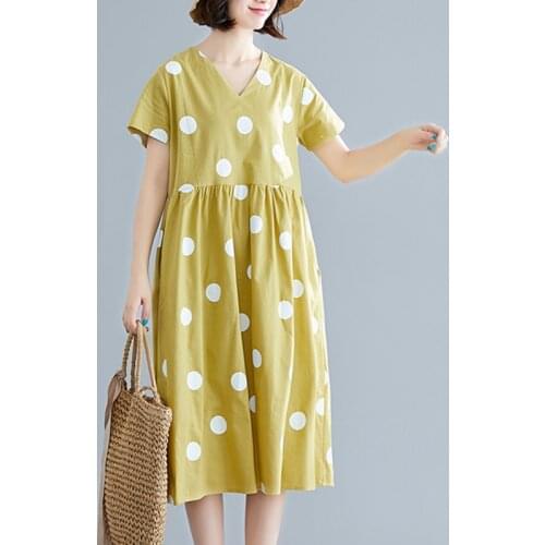 2021 New Arrival Cotton Linen Loose Summer Dress V-neck Short Sleeve Holiday Beach Casual Dress Plus Size Women Midi Dress