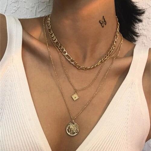 LXY-W Fashion Boho Vintage Multilevel Gold Punk Flat Thick Chain Head Square Coin Pendant Necklace For Women Choker Jewelry Gfit