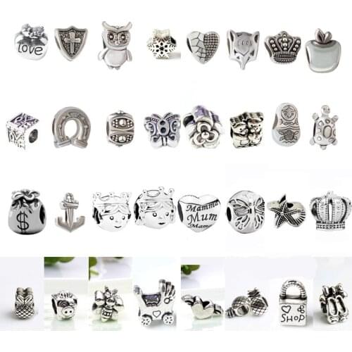 10PCS Fine Trendy Silver Color Bijoux Crown Prince Princess Doll Pig Apple Beads Fit DIY Snake Bracelets Necklaces Women Jewelry