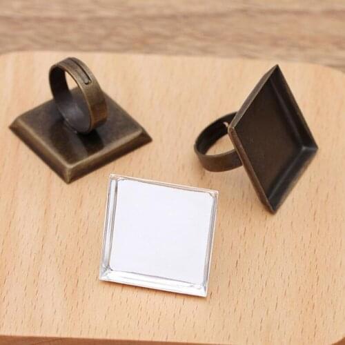 100pcs Square Tray Copper Metal Adjustable Ring Settings Blank/Base,Fit 20mm 25mm Glass Cabochons,Buttons;Ring Bezels