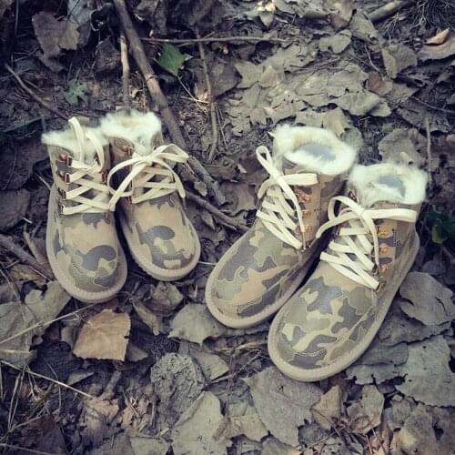 Childrens Martin boots Snow boots, sheepskin and fur genuine leather Camouflage Winter warm shoes Lace up Mother and son shoes