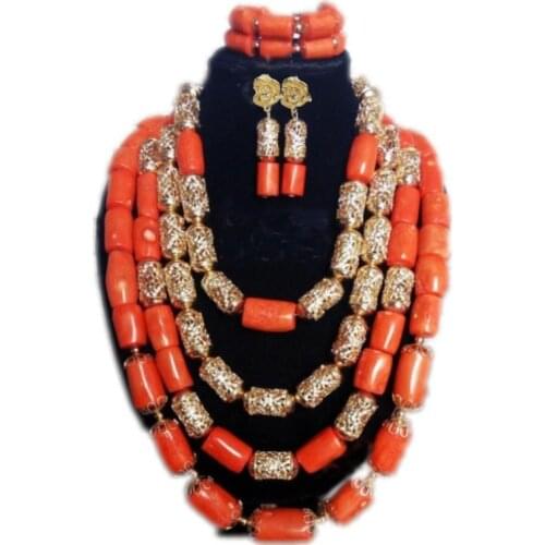 Dudo Bridal jewelry Set 4 Rows 13-14mm Nigerian Coral Beads Necklace Jewelry Set For Weddings Orange / Red / White is Available