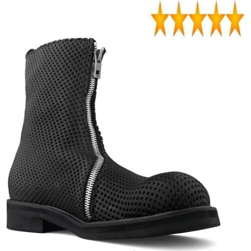 Breathable Harajuku New Hollow Out Mens Mid Calf Vintage Quality Genuine Leather Round Toe Zip Male High Top Boots