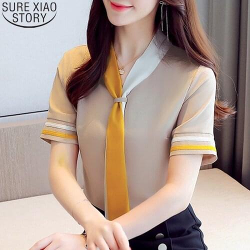 Elegant Tie Short Sleeve Chiffon Shirts 2021 Women Blouses Solid Office Lady Koran Women Tops and Blouse Clothes Blusas 9565