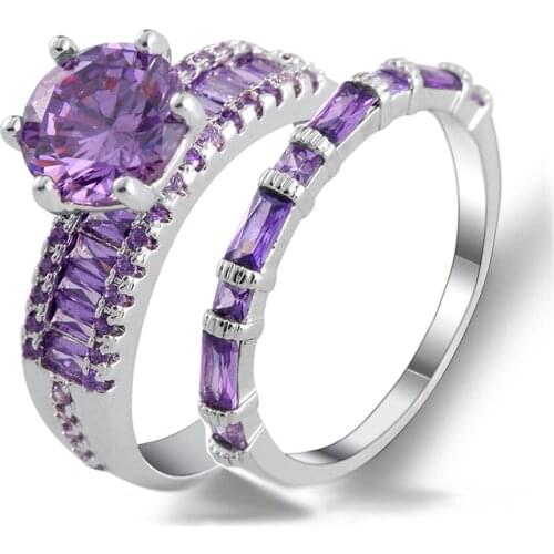 Hainon Fashion 2 Pcs/Set Purple Crystal Ring Jewelry Silver Color Wedding Rings For Women Engagement Wedding Ring Bridal Sets