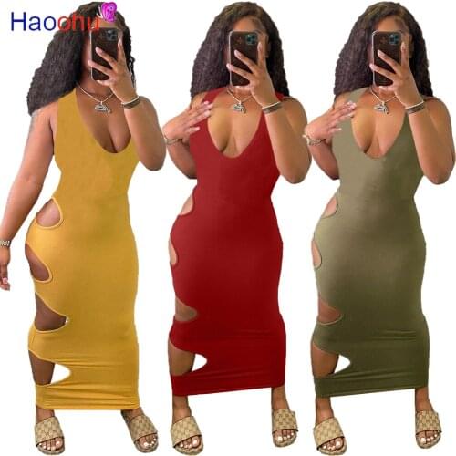 HAOOHU Hole Hollow Out Elegant Long Party Dress Women Sexy V-Neck Sleeveless Bodycon Dress Summer High Waist Clubwear Vestidos