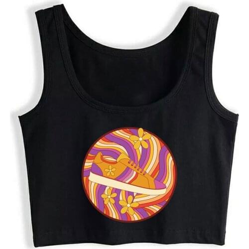 Crop Top Sport Retro Psychedelic 60s Flower Shoe Design Basic White Print Tops Women