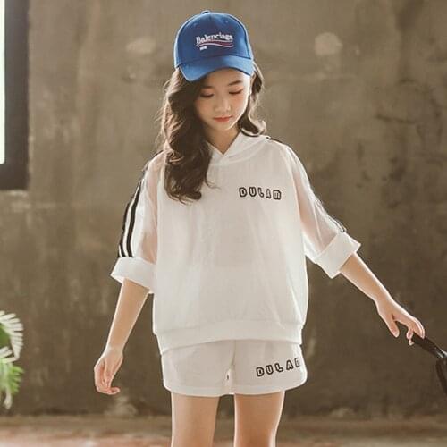 Summer 10 12 years Teenage Girls Hoodies Shorts Suits Casual Striped Tops 2 pieces Set Girls Outfit