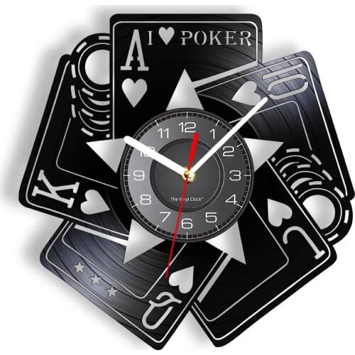 I Love Poker Royal Flush Spades Gamble Room Decorative Wall Clock Poker Cards Las Vegas Gamble Cards Vinyl Record Wall Clock
