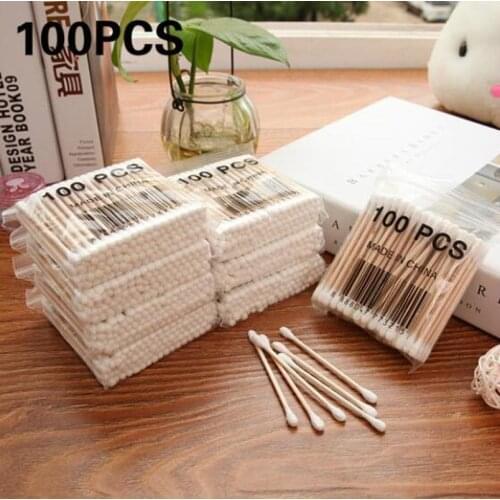 100 Pcs/Bag Double Head Disposable Makeup Cotton Swab Soft Cotton Buds For Medical Wood Sticks Nose Ears Cleaning Tools