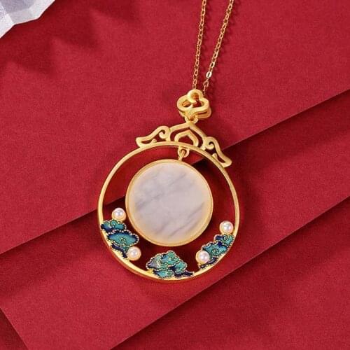 Colorful Cloud Moon Pendant Original S925 Sterling Silver Gilding Hetian Jade Vintage Cloisonne Xiangyun Moon Lady Pendant