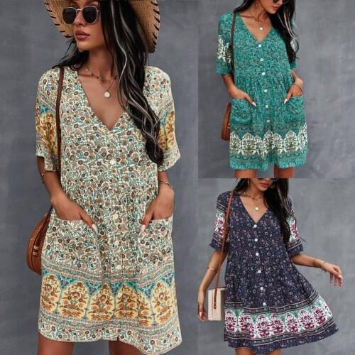 Womens Floral Print Short Dress Short Sleeve High Waist V-Neck Button up Flowy Dress for Party Beach Summer TT@88