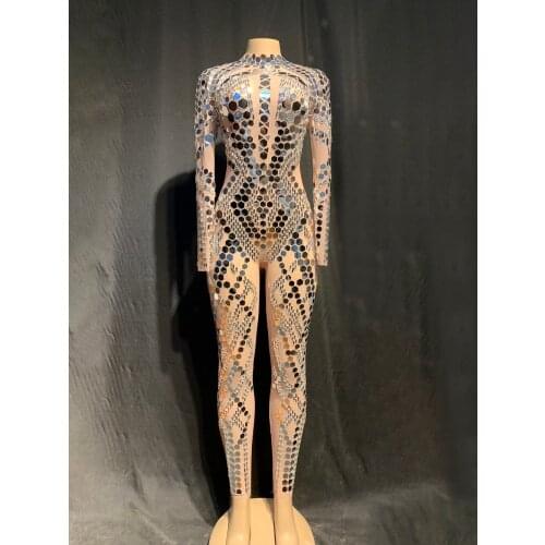 New Womens Flashing Silver Mirrors Stone Club Jumpsuit Bar Dance Net Yarn Birthday Party Celebrate See Through Outfit Clothes