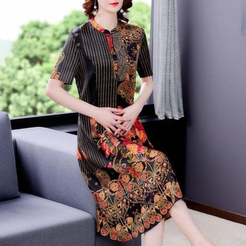 2021 Vintage Casual Print Mulberry Silk Midi Dress Summer Women Bodycon 4XL Plus Size Satin Sundress New Elegant Party Vestidos