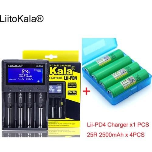 1pcs New LiitoKala lii-PD4 LCD 3.7V 18650 21700 battery Charger+ 4pcs 3.6V 18650 INR18650-25R 2500mAh Rechargeable battery