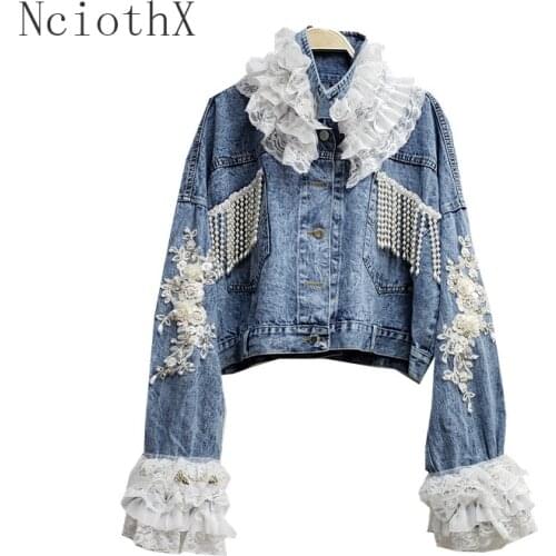 2021 New Autumn Heavy Pearl Bead Tassel Patchwork Lace Embroidered Denim Jackets Women Blue Short Jeans Coat Loose Outwear