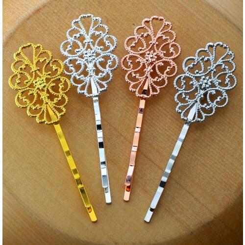 8pcs Flowers Hairpin Setting Antique Silver Bronze Rose Gold Color Plated Round Cameo Base Blank Tray