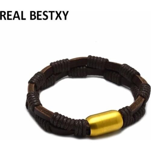 5pcs/lot custom logo Geometric Fashion New Men Jewelry Genuine Leather Bracelets Stainless Steel Magnetic Clasp 20.5CM -21CM (L)