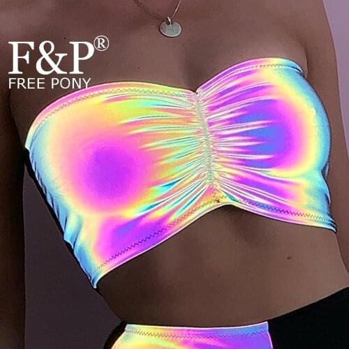 Holographic Reflective Rainbow Rave boob Tube Top Burning Man Festival Bandeau Carnival Costume Gogo Pole Dance Wear Clothes