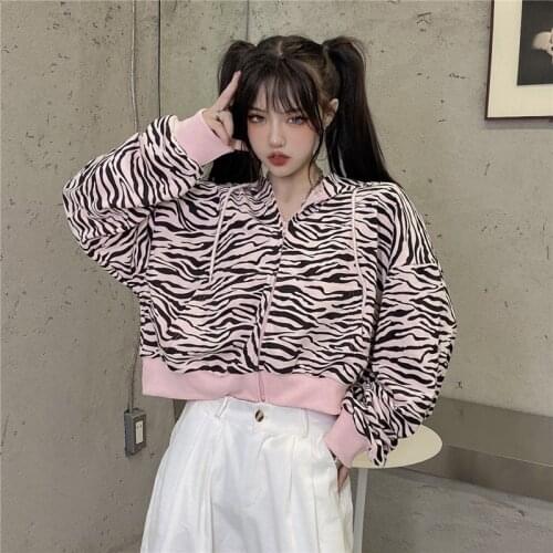 Korean Autumn Fashion Hoodie Drawstring Sweatshirt Harajuku Belt Buckle Printing Loose Full Sleeve Jacket Zipper Short Coat
