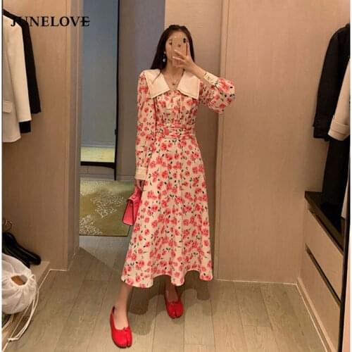 Korean Spring Sweet Floral Print Peter Pan Collar Long Sleeve Boho Beach Dress Women Elegant Casual Bandage Long Party Dresses