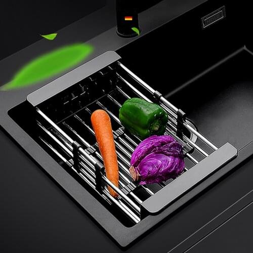 Kitchen Sink Adjustable Rectangular Strainer Drain Fruit Vegetable Dishe Black Basket Storage Rack Stainless Steel+ABS KI-7131
