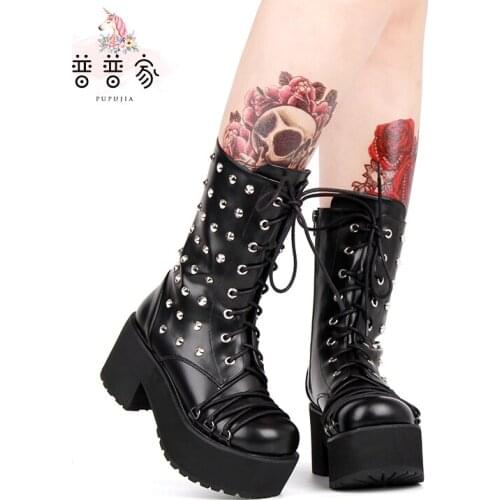 Princess sweet lolita boots Winter Pu punk boots Street anti slip slope heel rivet fashion lace up boots fashion women pu137