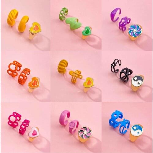 Rendy Love Green Heart Rings Set for Women Couples Sweet Colorful Acrylic Resin Heart Chain Couple Ring Wholesale Jewelry