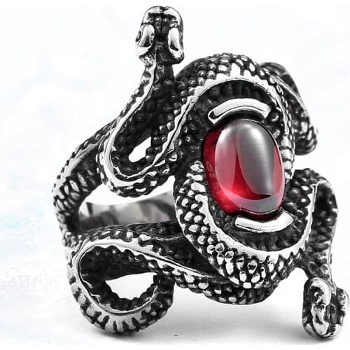 Stainless steel antique Double Head Snake Rings with red stone men women jewelry