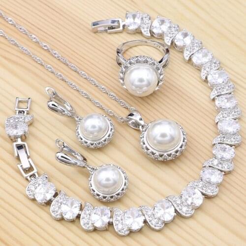 925 Silver Bridal Jewelry White Cubic Zirconia with Pearls Jewelry Sets for Women Bracelets/Necklace/Pendant/Earrings/Ring